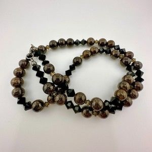 Necklace Round Bronzite Faceted Black Bicone Crystal Beads 20" L